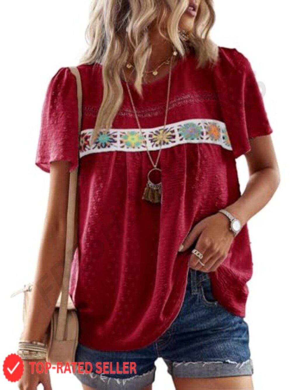 Falechay Women's Boho Blouse Lace Hem Short Sleeve Peasant Top
